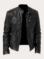 Men's Zip-Front Genuine Leather Biker Jacket with Chest Pockets - Black