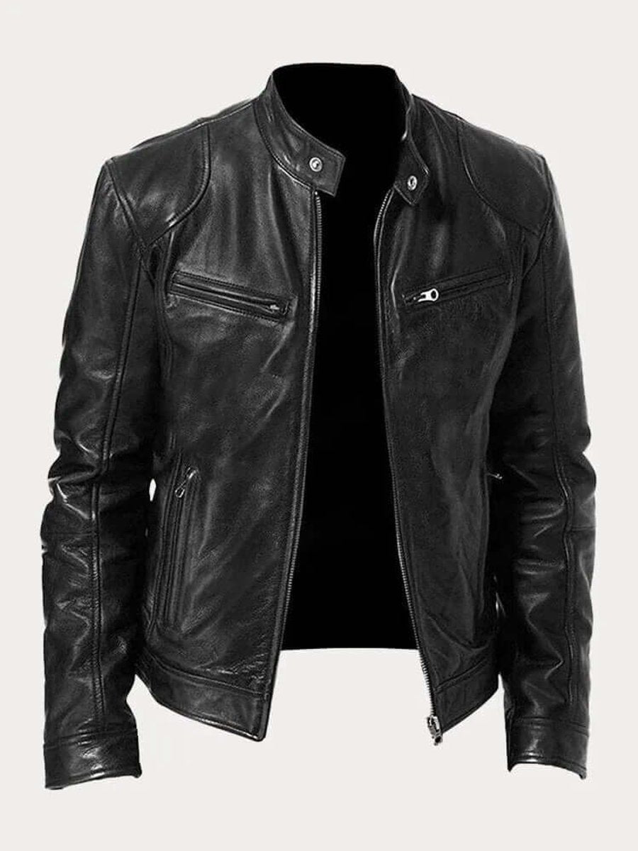 Men's Zip-Front Genuine Leather Biker Jacket with Chest Pockets - Black