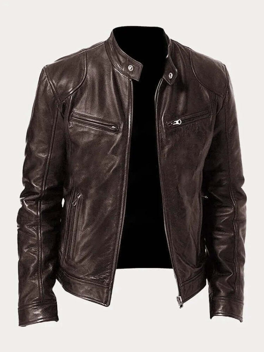 Men's Zip-Front Genuine Leather Biker Jacket with Chest Pockets - Brown