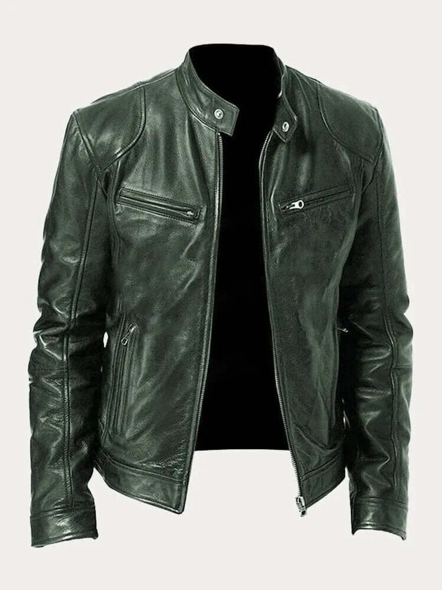 Men's Zip-Front Genuine Leather Biker Jacket with Chest Pockets - Military Green