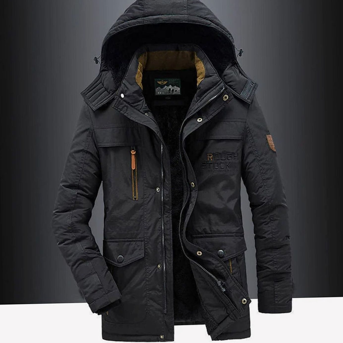 Men's Hooded Sherpa Winter Jacket with Snap Flap Pockets - Black
