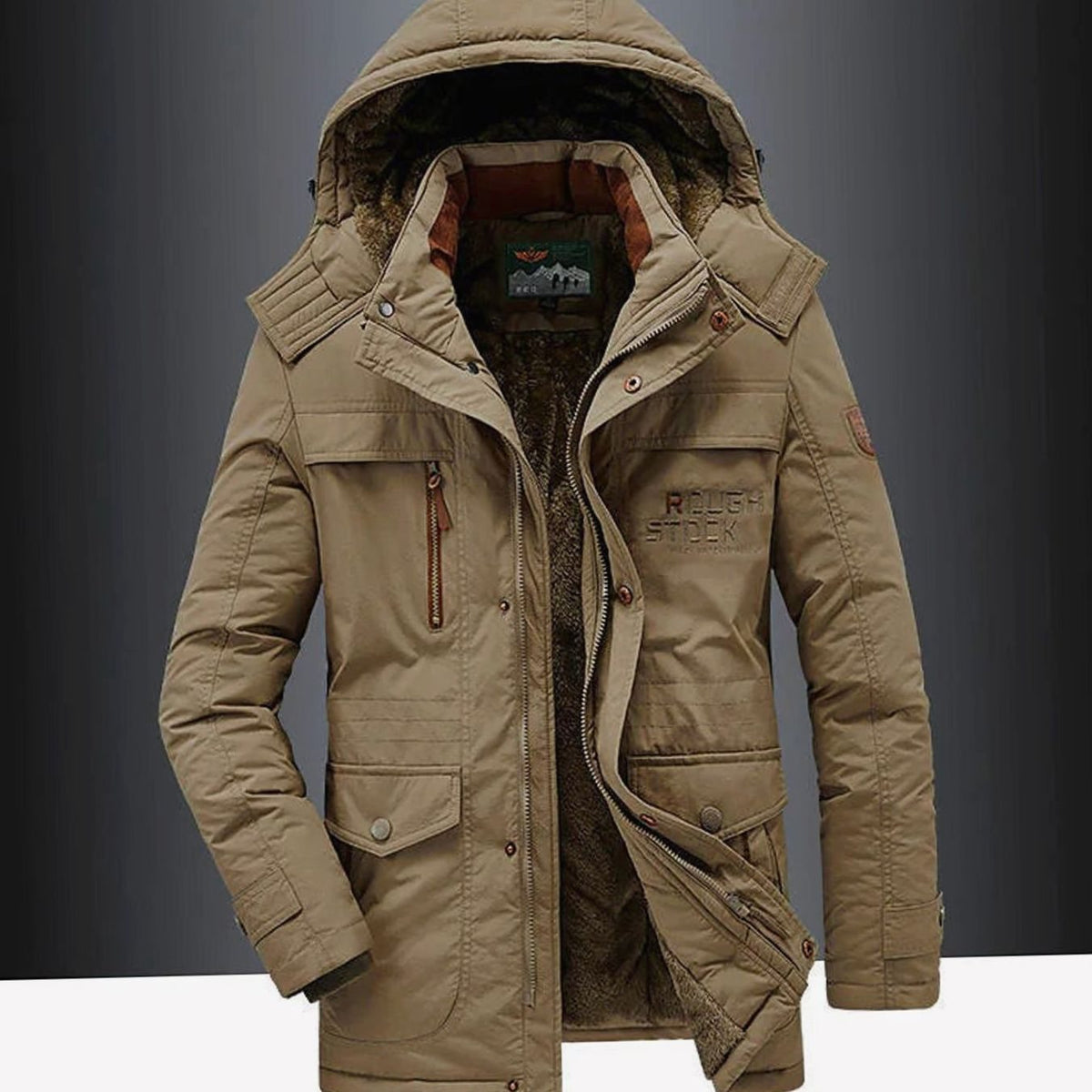 Men's Hooded Sherpa Winter Jacket with Snap Flap Pockets - Brown