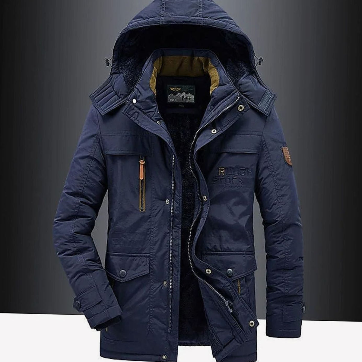 Men's Hooded Sherpa Winter Jacket with Snap Flap Pockets - Blue