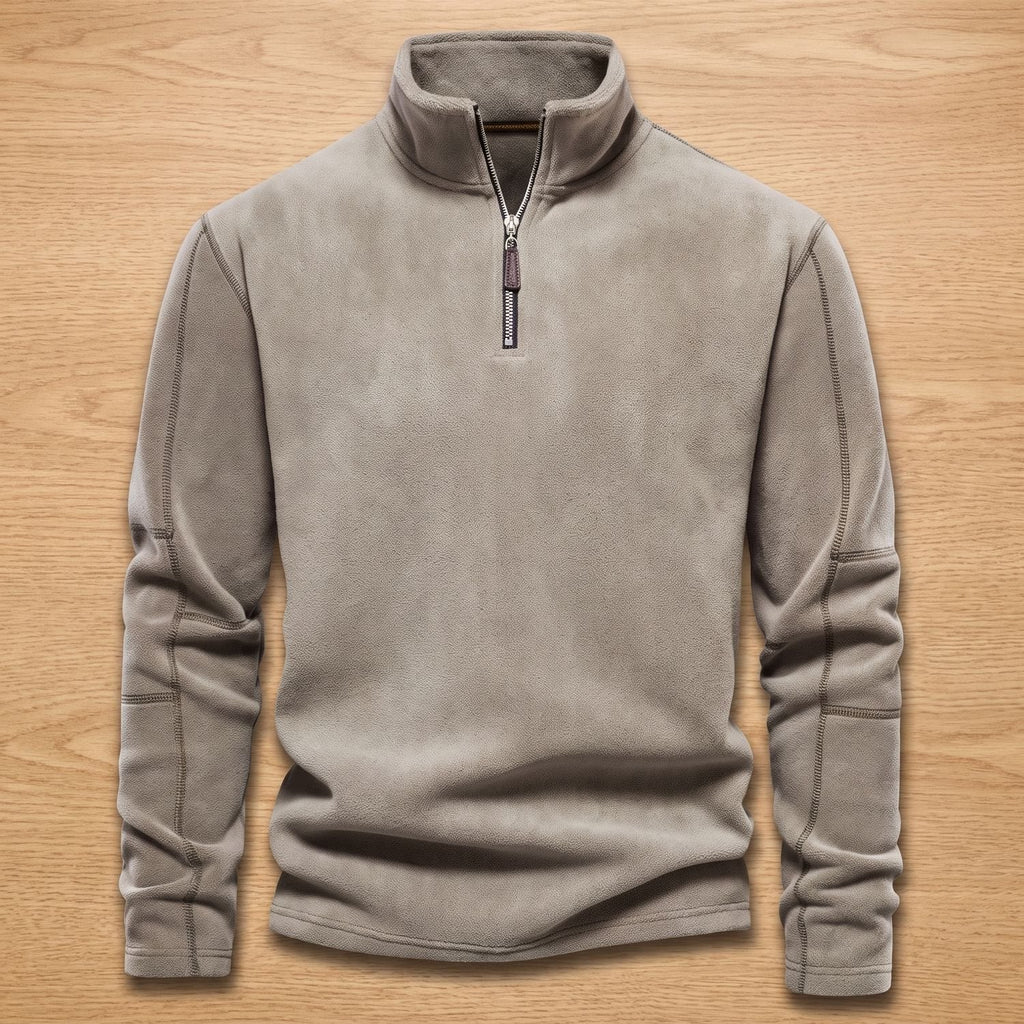 Men's Stand-Collar Fleece Jumper with Quarter Zip and Pockets - Beige