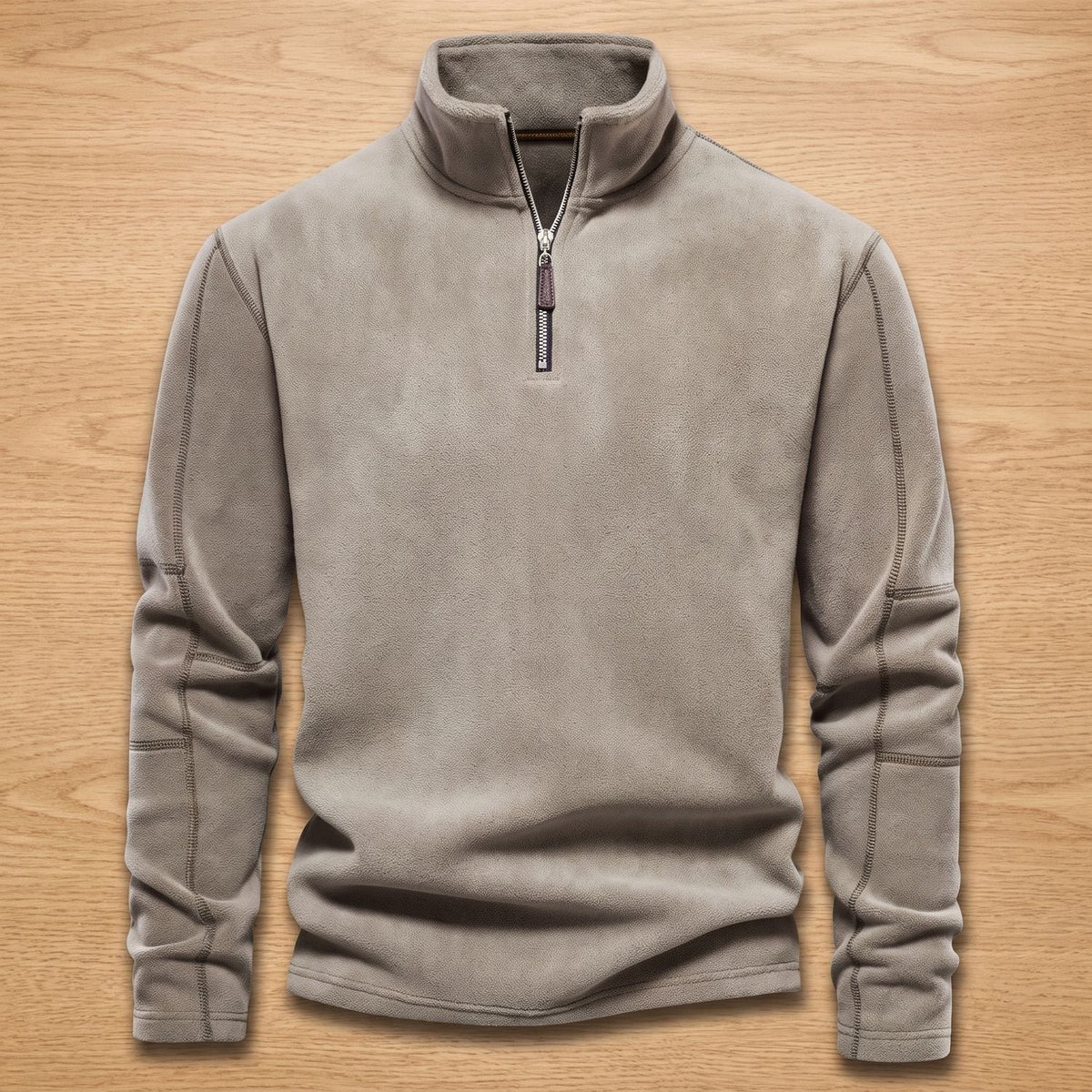 Men's Stand-Collar Fleece Jumper with Quarter Zip and Pockets - Beige