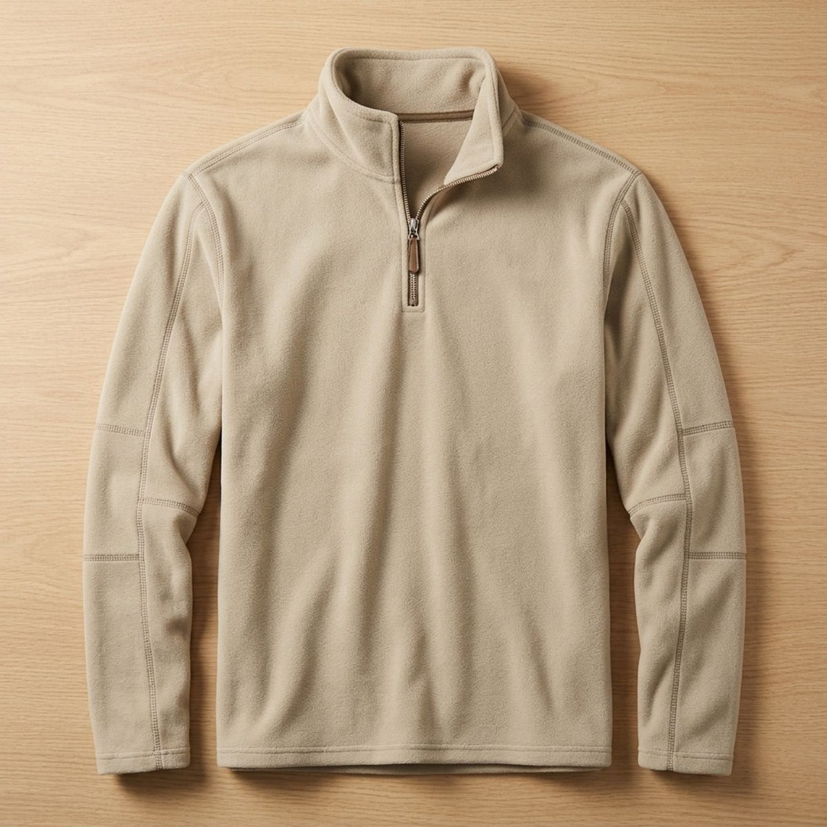 Men's Stand-Collar Fleece Jumper with Quarter Zip and Pockets - Khaki