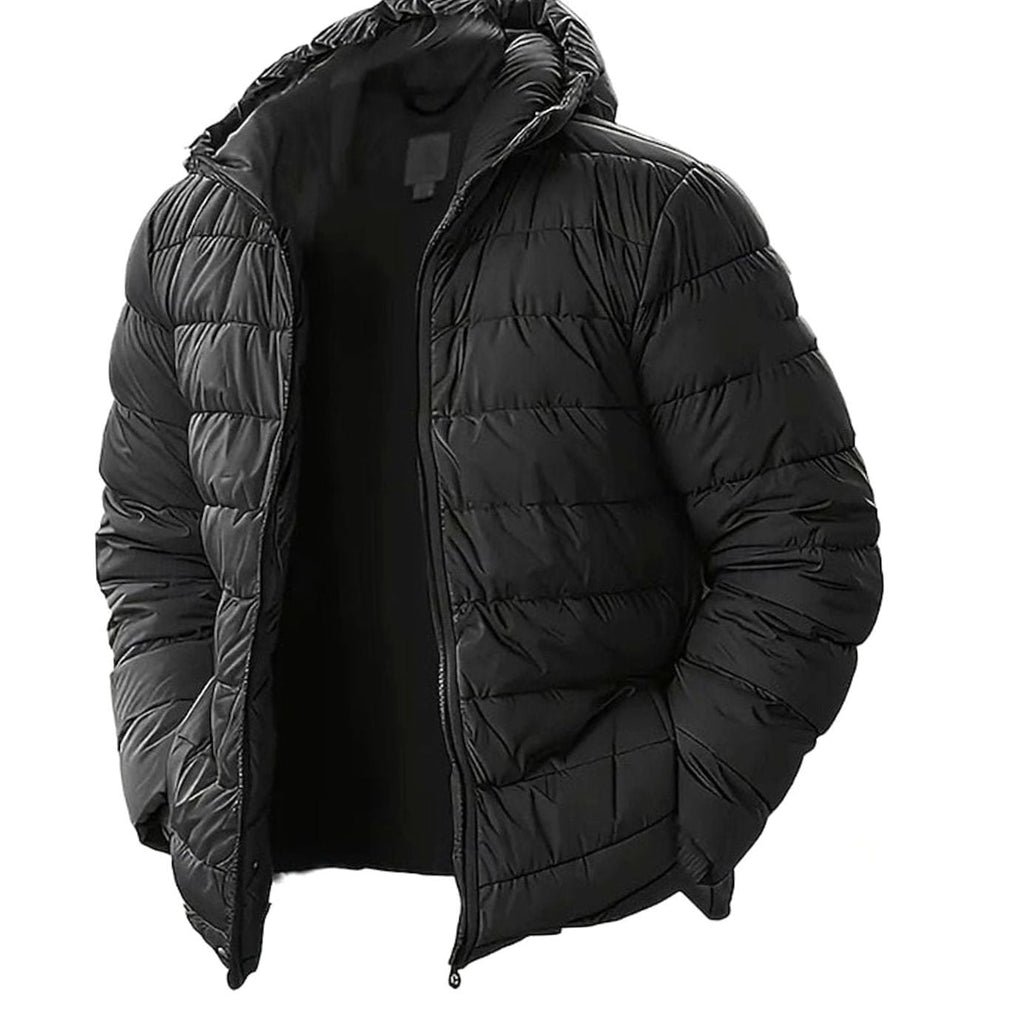 Men's Regular-Fit Channel-Quilted Puffer with Attached Hood - Black