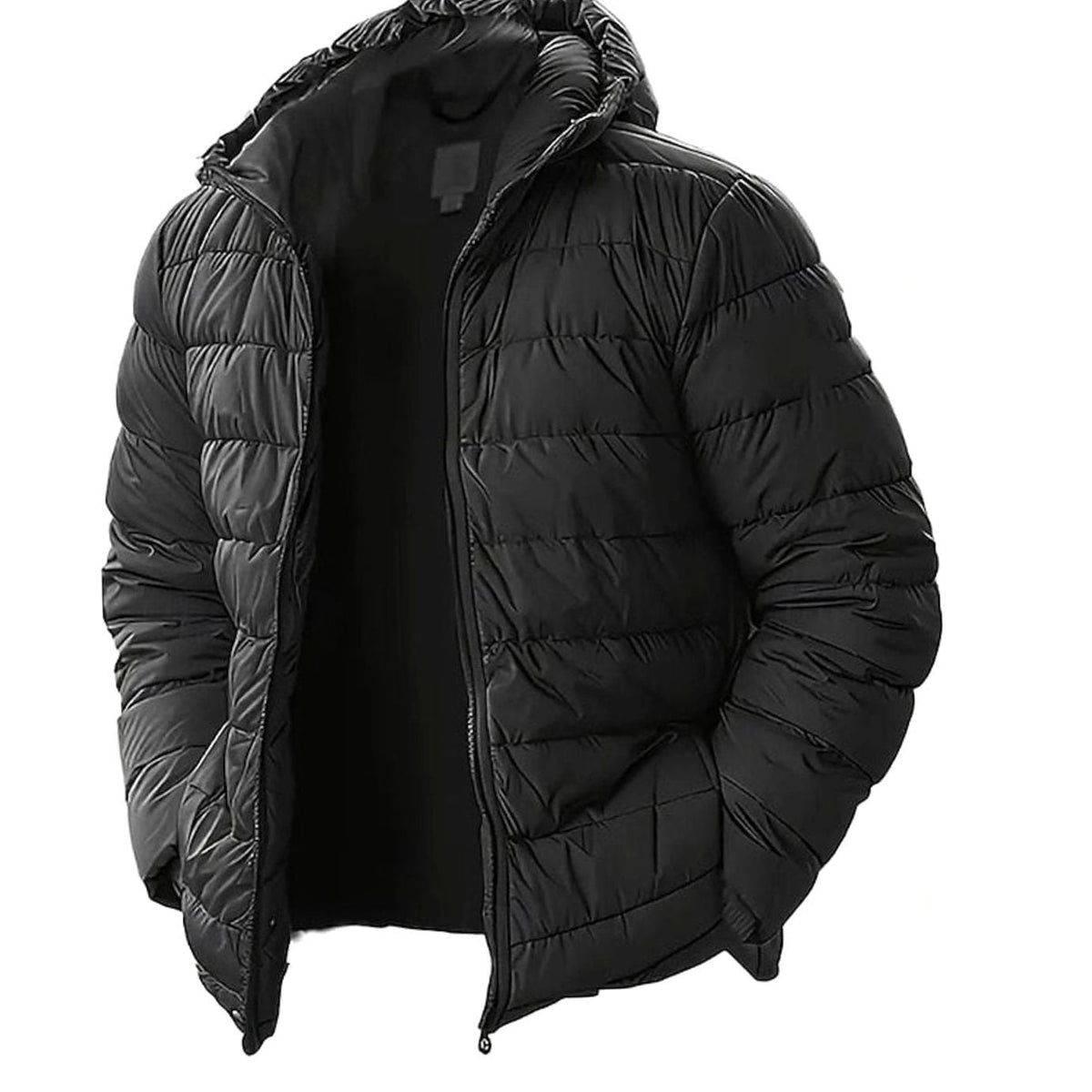 Men's Regular-Fit Channel-Quilted Puffer with Attached Hood - Black