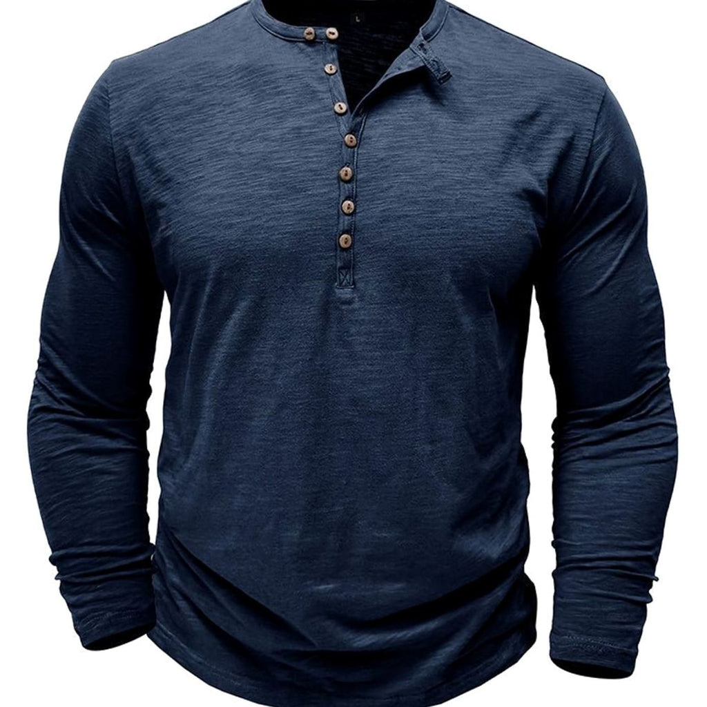 Men's Soft Long-Sleeve Henley T-Shirt in Breathable Fabric - Navy Blue