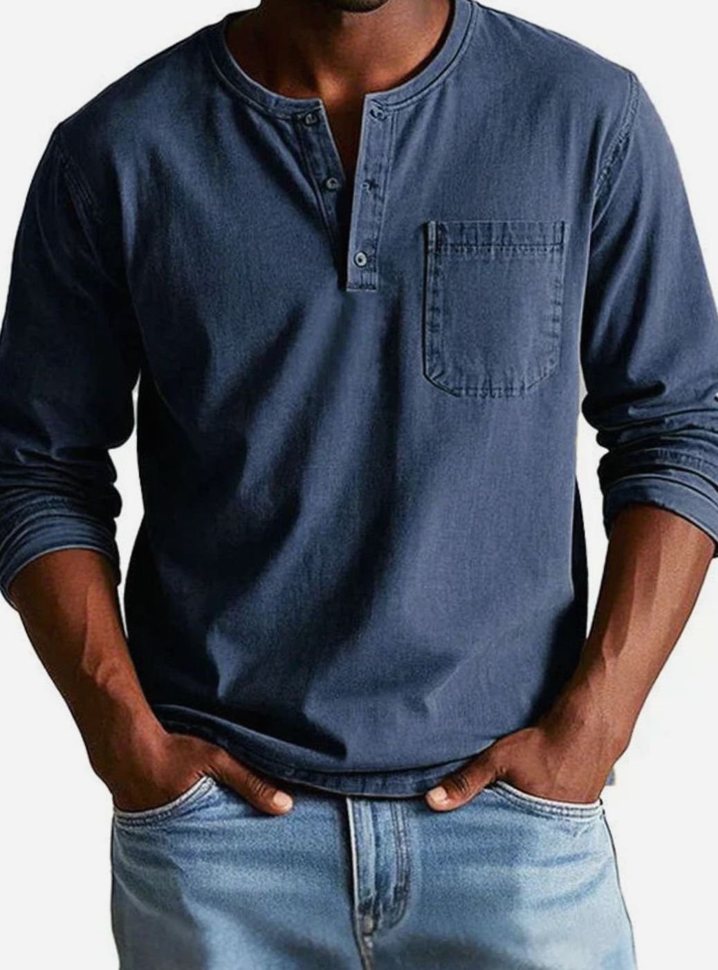 Men's Casual Button-Neck Henley with Pocket Detail - Navy Blue