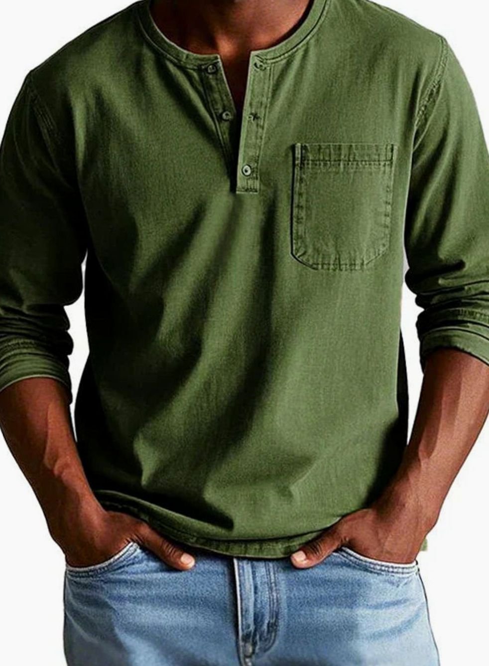 Men's Casual Button-Neck Henley with Pocket Detail - Army Green