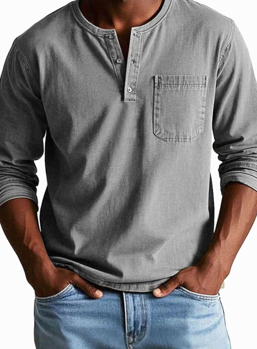 Men's Casual Button-Neck Henley with Pocket Detail - Grey