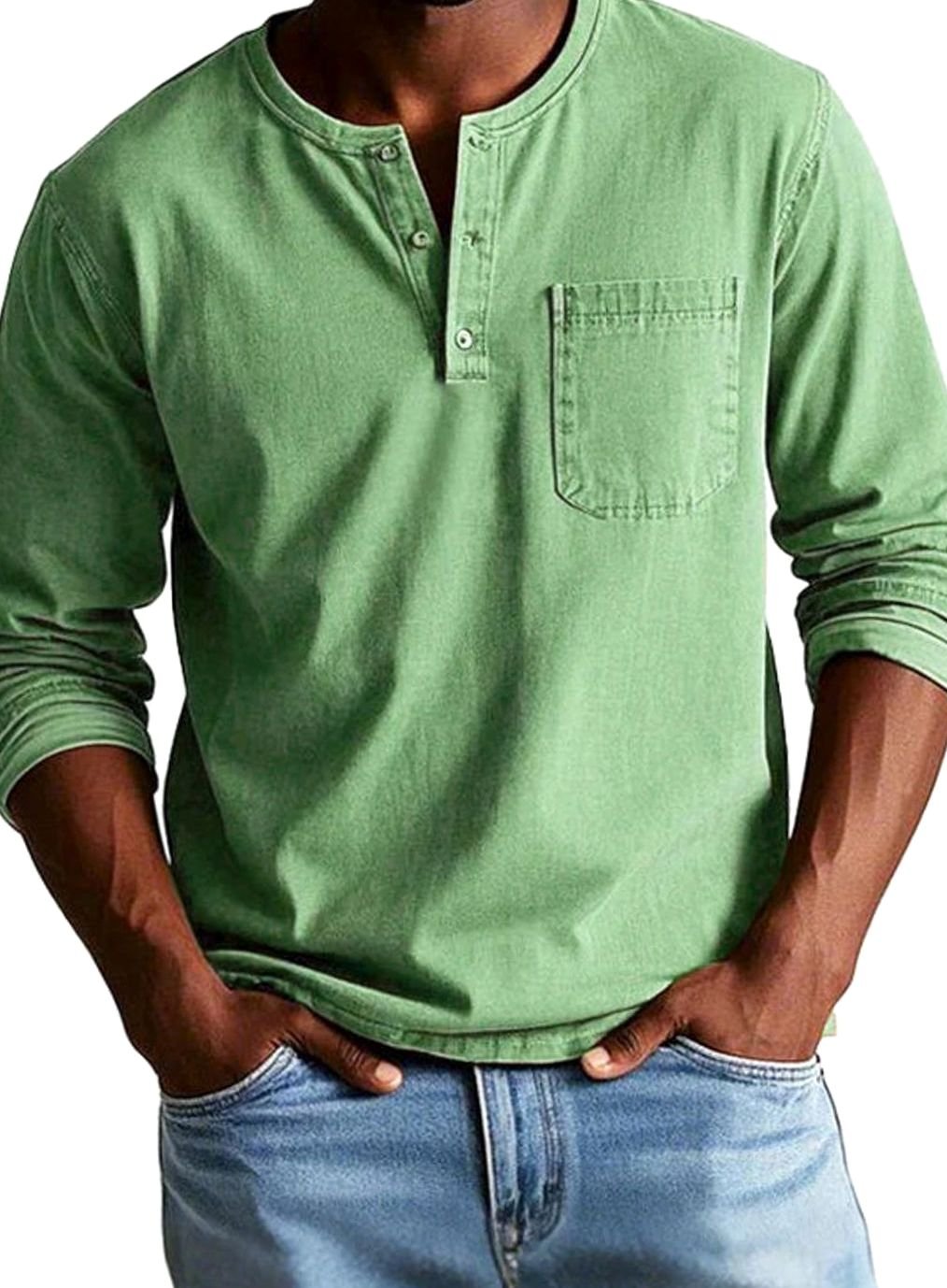 Men's Casual Button-Neck Henley with Pocket Detail - Green