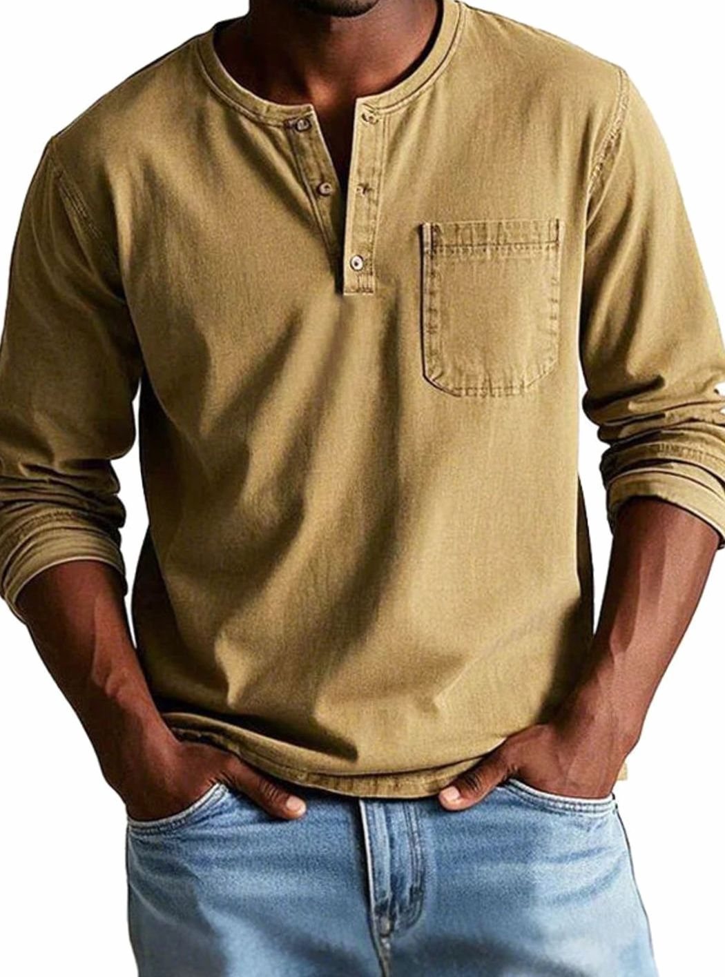 Men's Casual Button-Neck Henley with Pocket Detail - Khaki