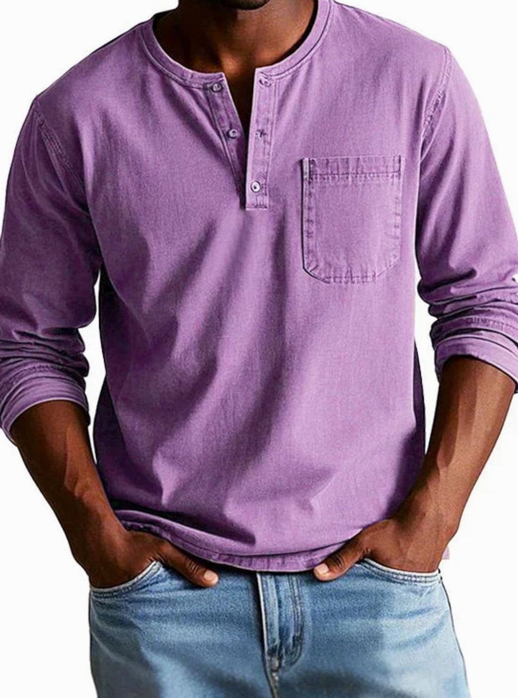 Men's Casual Button-Neck Henley with Pocket Detail - Purple