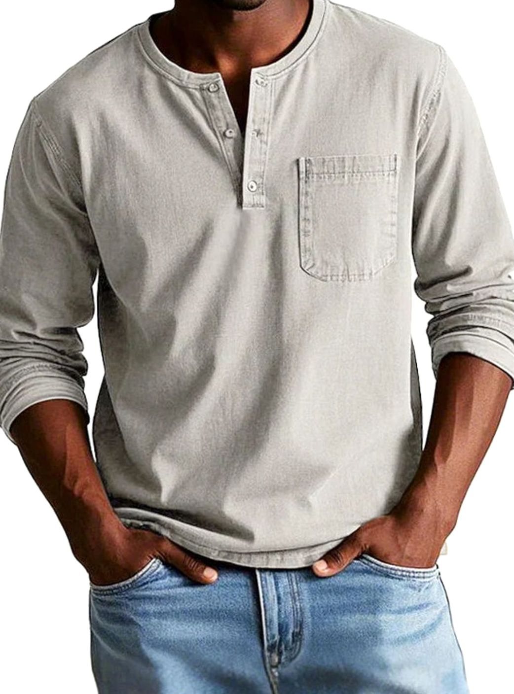 Men's Casual Button-Neck Henley with Pocket Detail - Beige