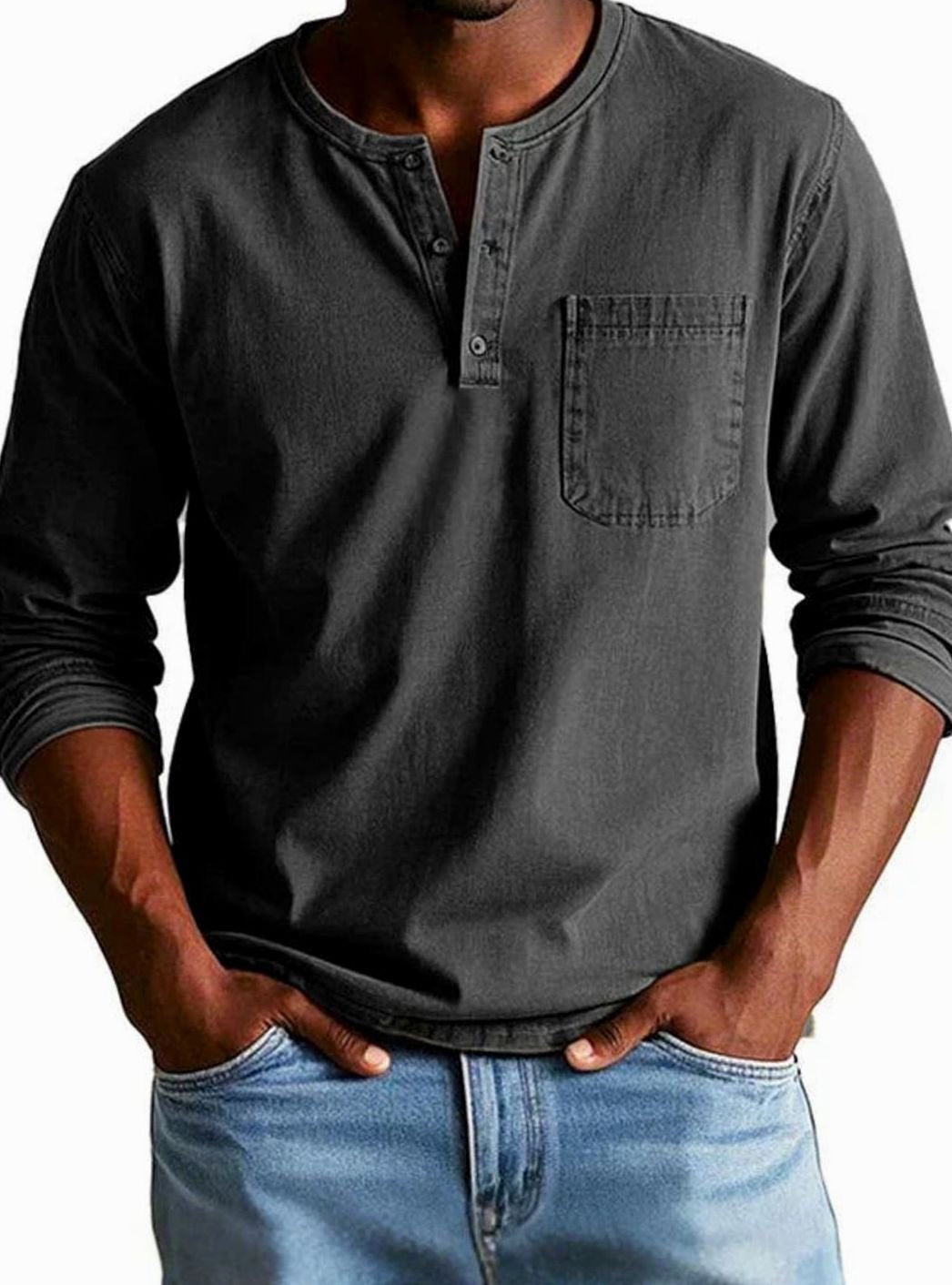 Men's Casual Button-Neck Henley with Pocket Detail - Black