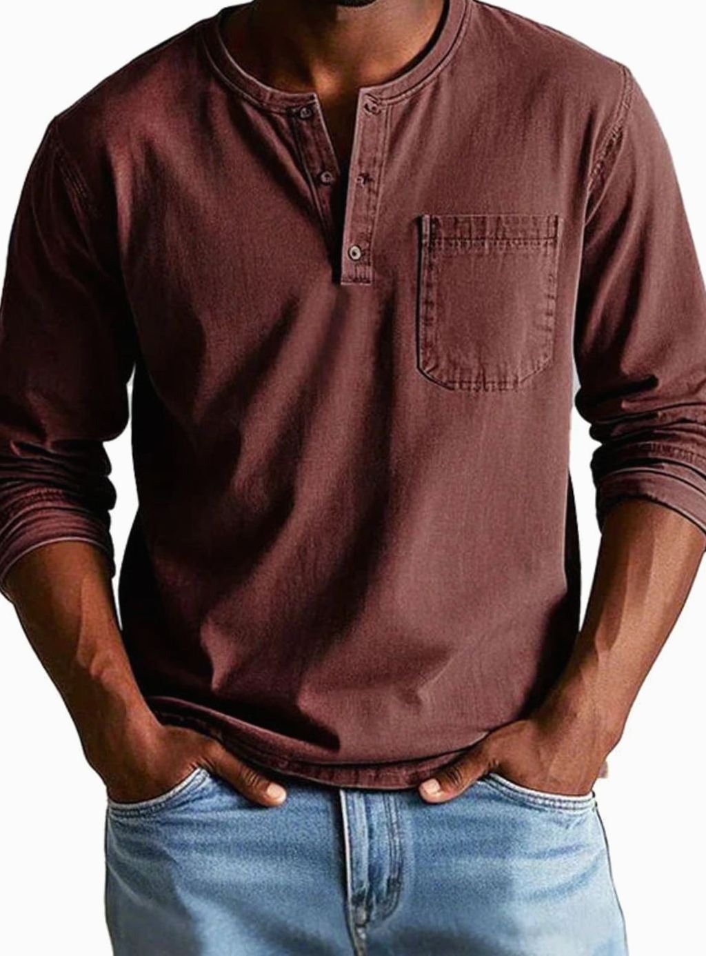 Men's Casual Button-Neck Henley with Pocket Detail - Red