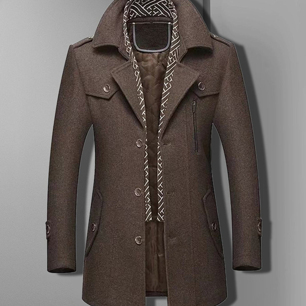 Men's Epaulette-Shoulder Double-Breasted Coat with Quilted Lining - Brown