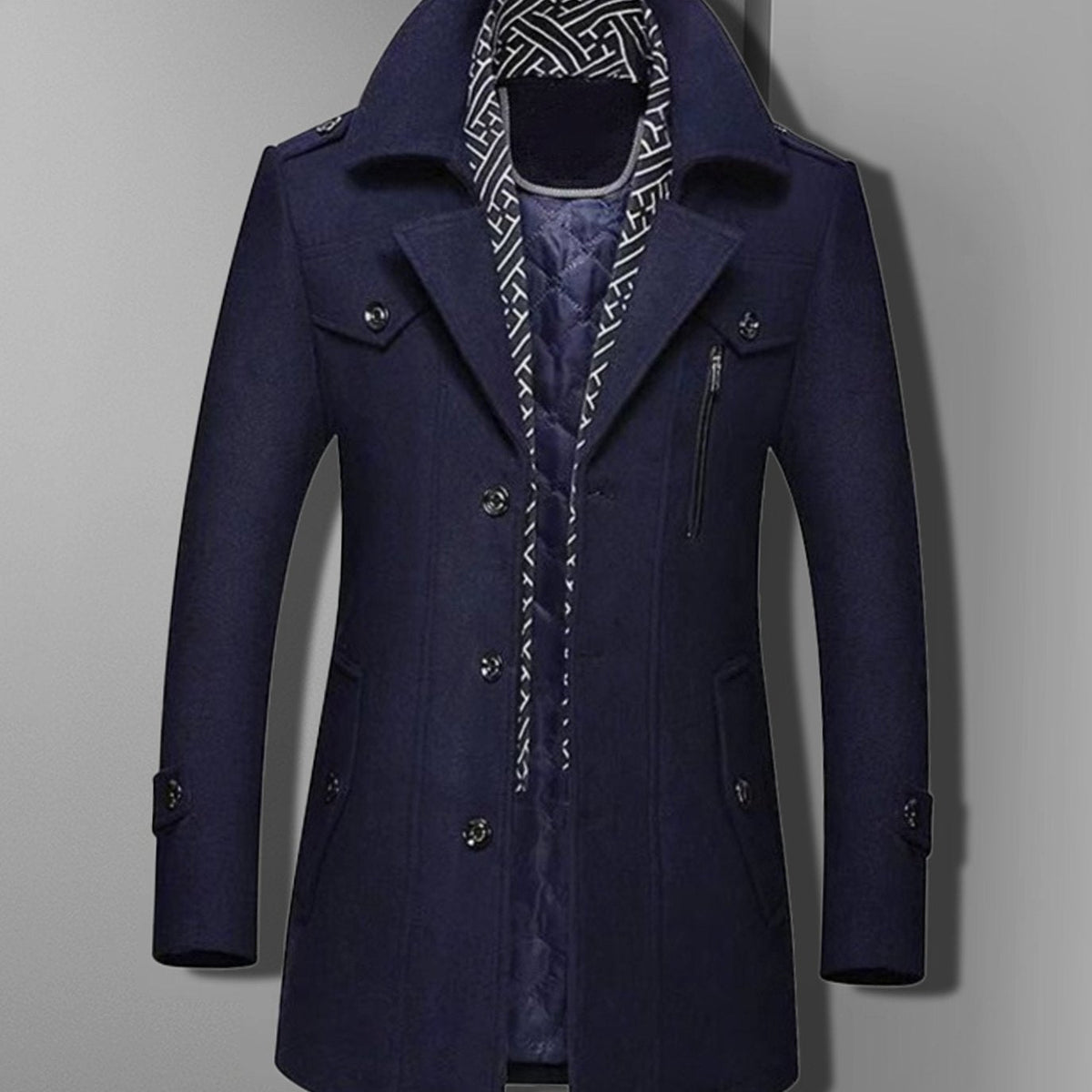 Men's Epaulette-Shoulder Double-Breasted Coat with Quilted Lining - Blue