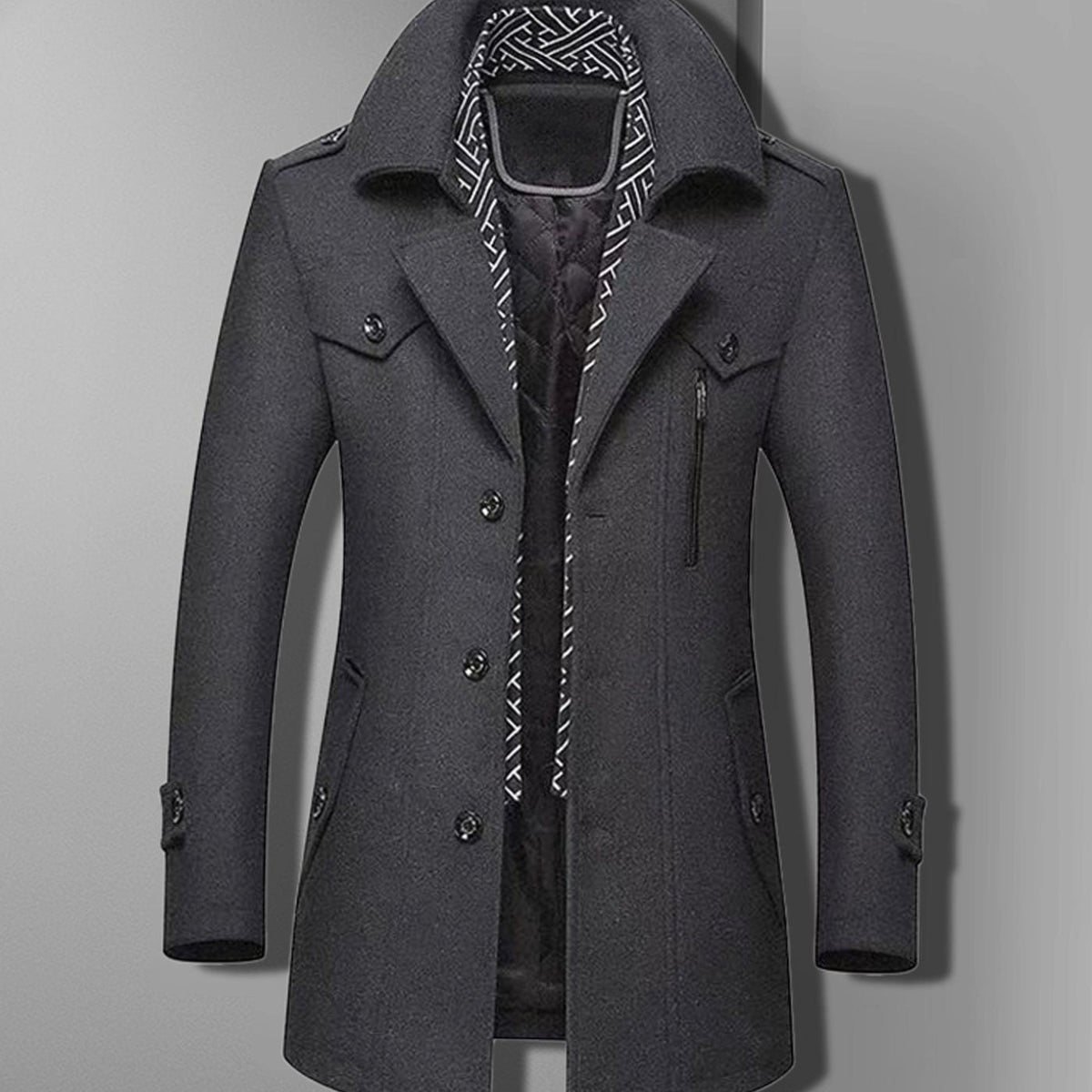 Men's Epaulette-Shoulder Double-Breasted Coat with Quilted Lining - Grey