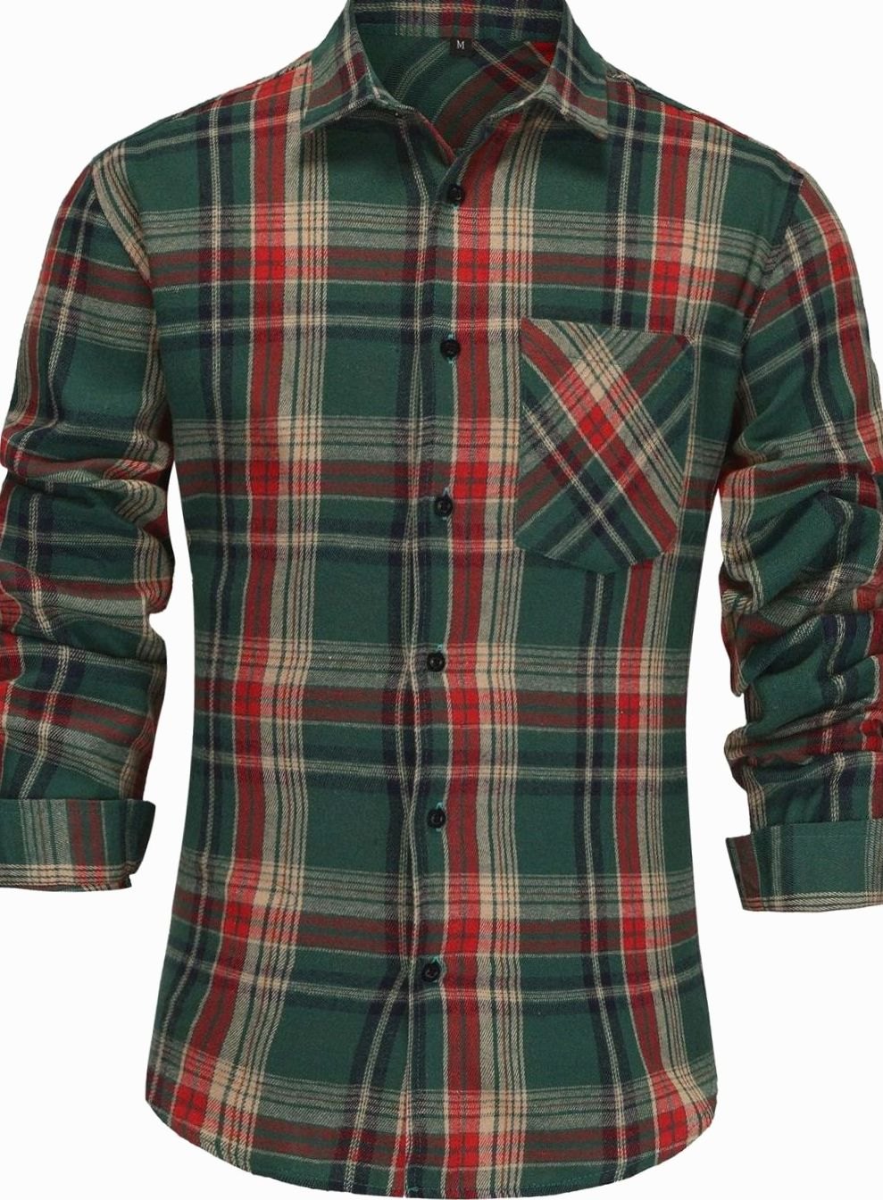 Men's Point Collar Check Flannel Shirt with Patch Pocket - Red Green