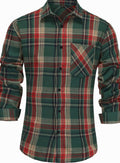 Men's Point Collar Check Flannel Shirt with Patch Pocket - Red Green