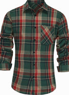 Men's Point Collar Check Flannel Shirt with Patch Pocket - Red Green