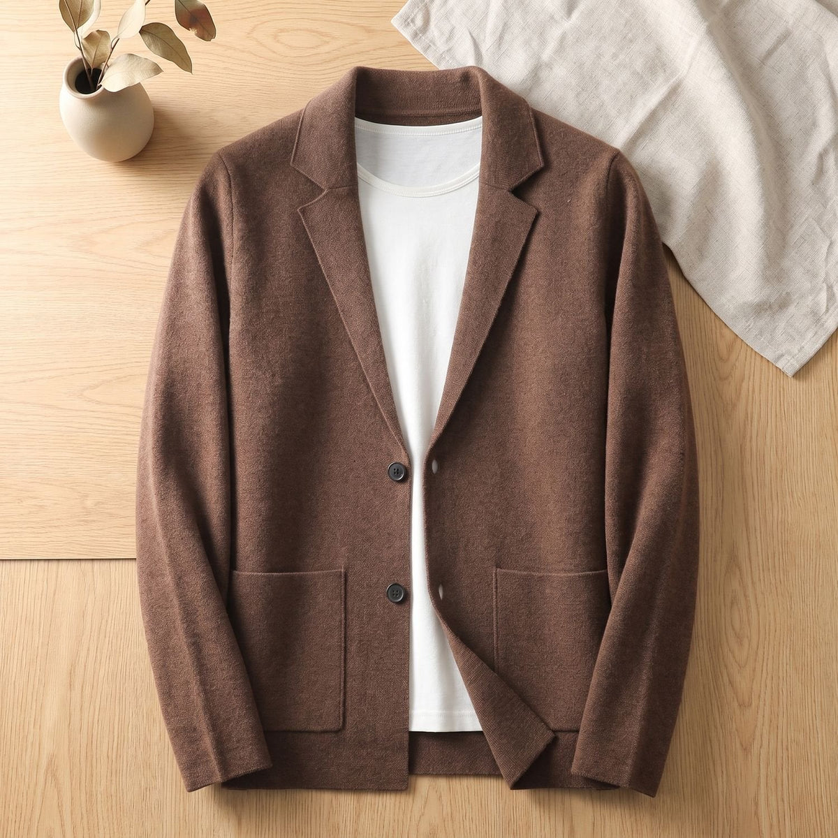 Men's Notch-Lapel Soft Knit Cardigan with Two-Button Front - Chestnut Brown