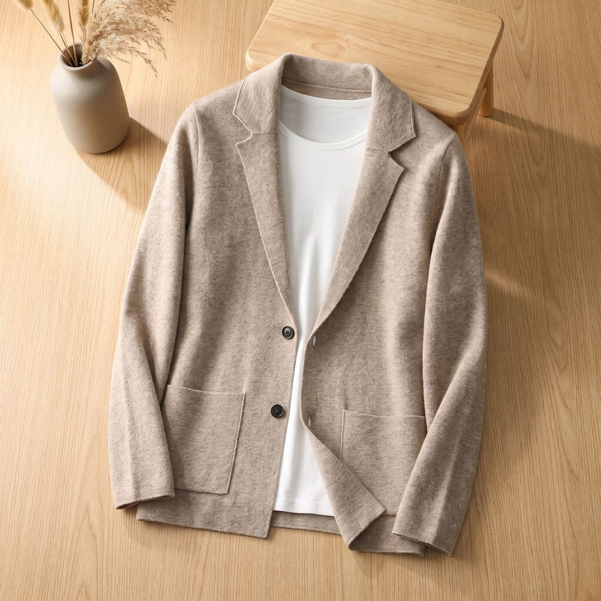 Men's Notch-Lapel Soft Knit Cardigan with Two-Button Front - Sandstone Beige