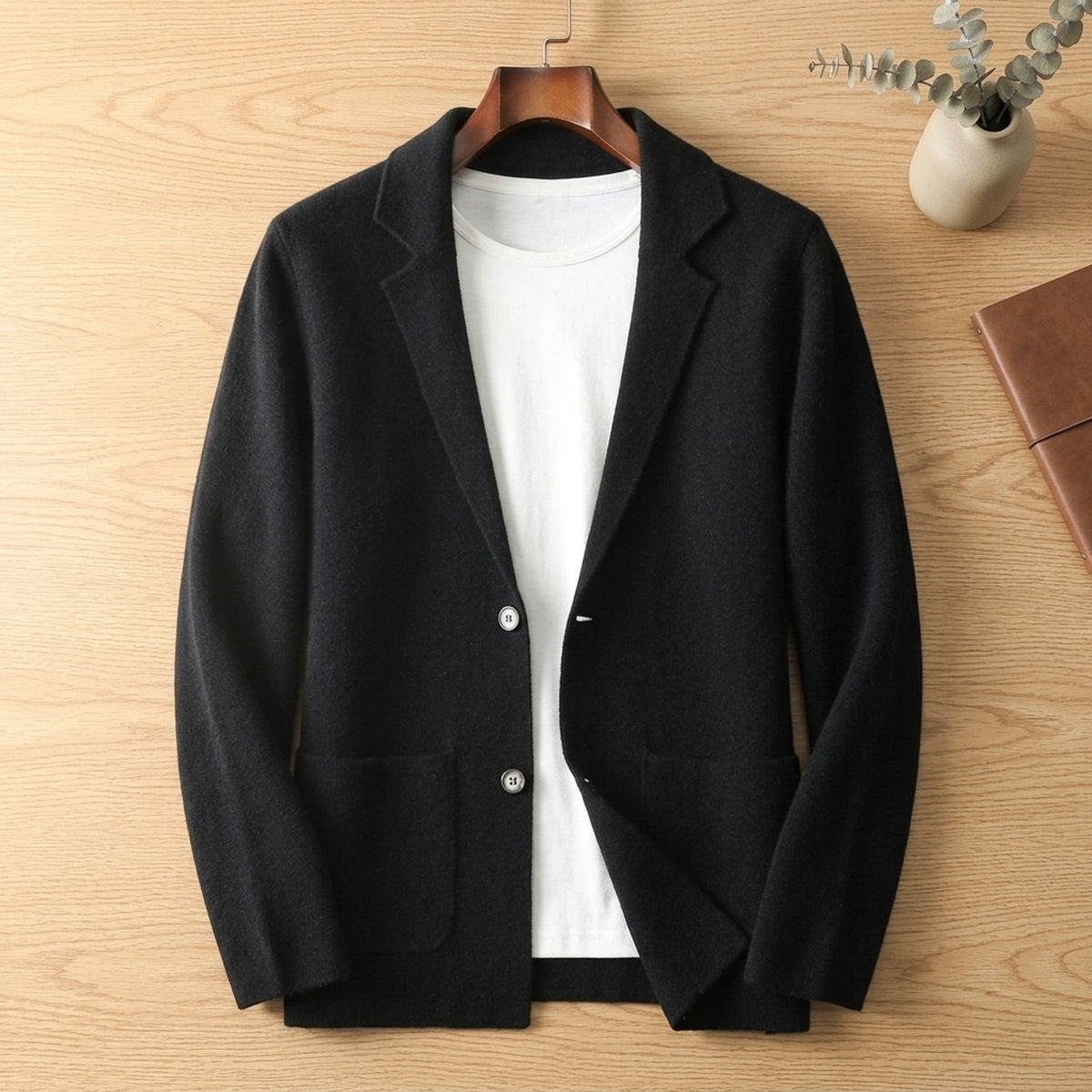 Men's Notch-Lapel Soft Knit Cardigan with Two-Button Front - Classic Black