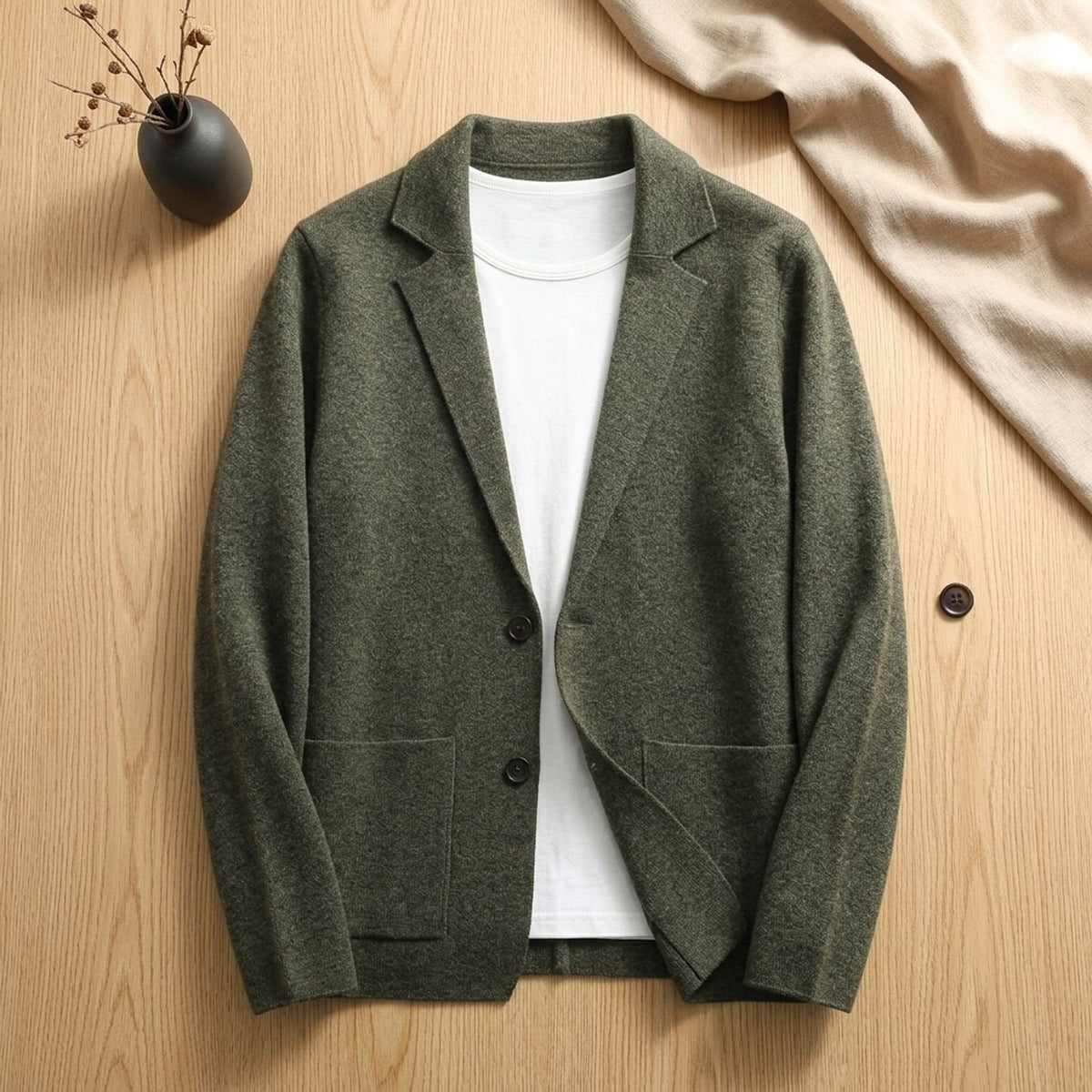 Men's Notch-Lapel Soft Knit Cardigan with Two-Button Front - Olive Green
