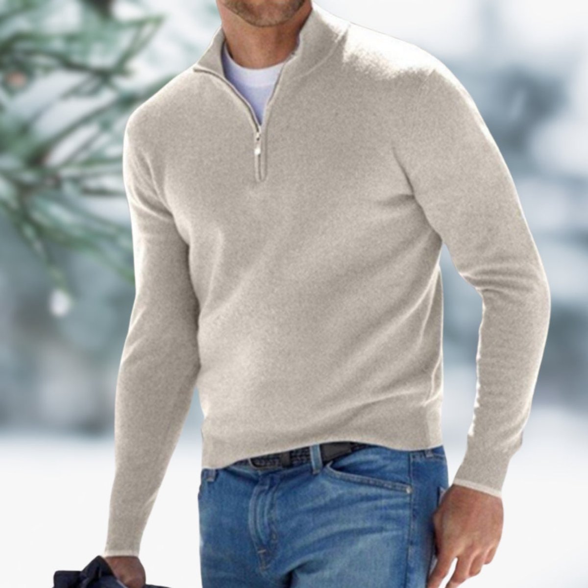 Men's Slim Quarter-Zip Soft Knit Jumper for Smart Fridays - Khaki