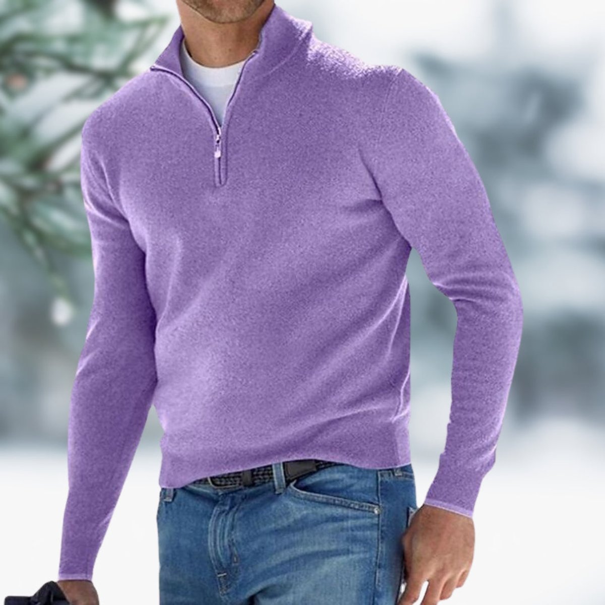 Men's Slim Quarter-Zip Soft Knit Jumper for Smart Fridays - Light Purple
