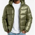 Men's Glossy Quilted Puffer with Adjustable Hood and Zip Pockets - Green