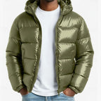 Men's Glossy Quilted Puffer with Adjustable Hood and Zip Pockets - Green