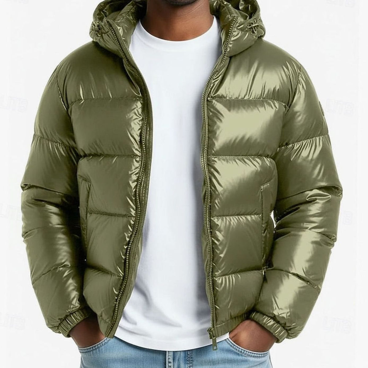 Men's Glossy Quilted Puffer with Adjustable Hood and Zip Pockets - Green