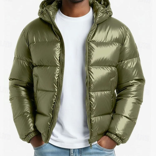 Men's Glossy Quilted Puffer with Adjustable Hood and Zip Pockets - Green