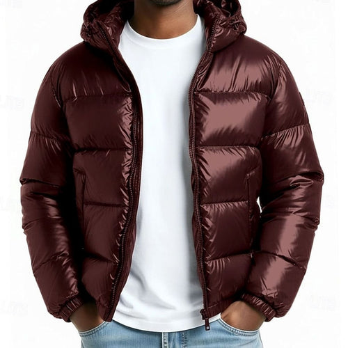 Men's Glossy Quilted Puffer with Adjustable Hood and Zip Pockets - Wine