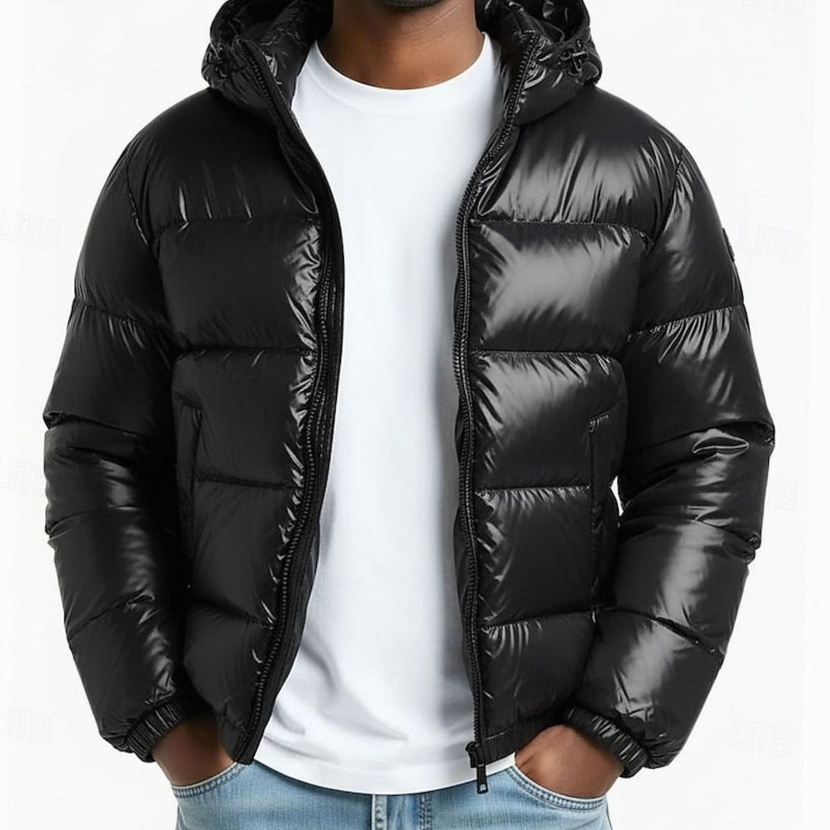 Men's Glossy Quilted Puffer with Adjustable Hood and Zip Pockets - Black