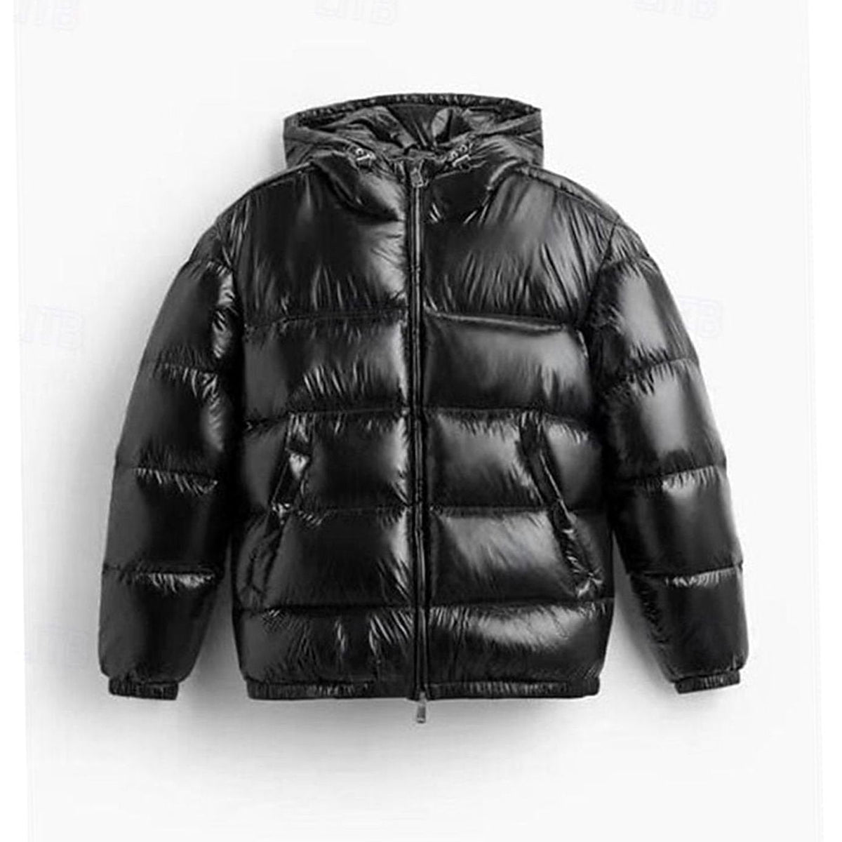 Men's Glossy Quilted Puffer with Adjustable Hood and Zip Pockets