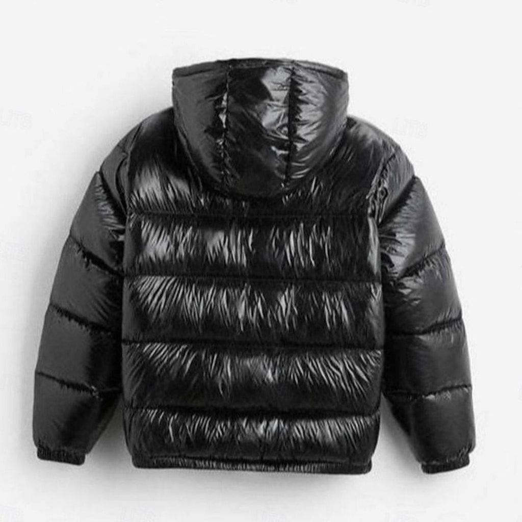 Men's Glossy Quilted Puffer with Adjustable Hood and Zip Pockets