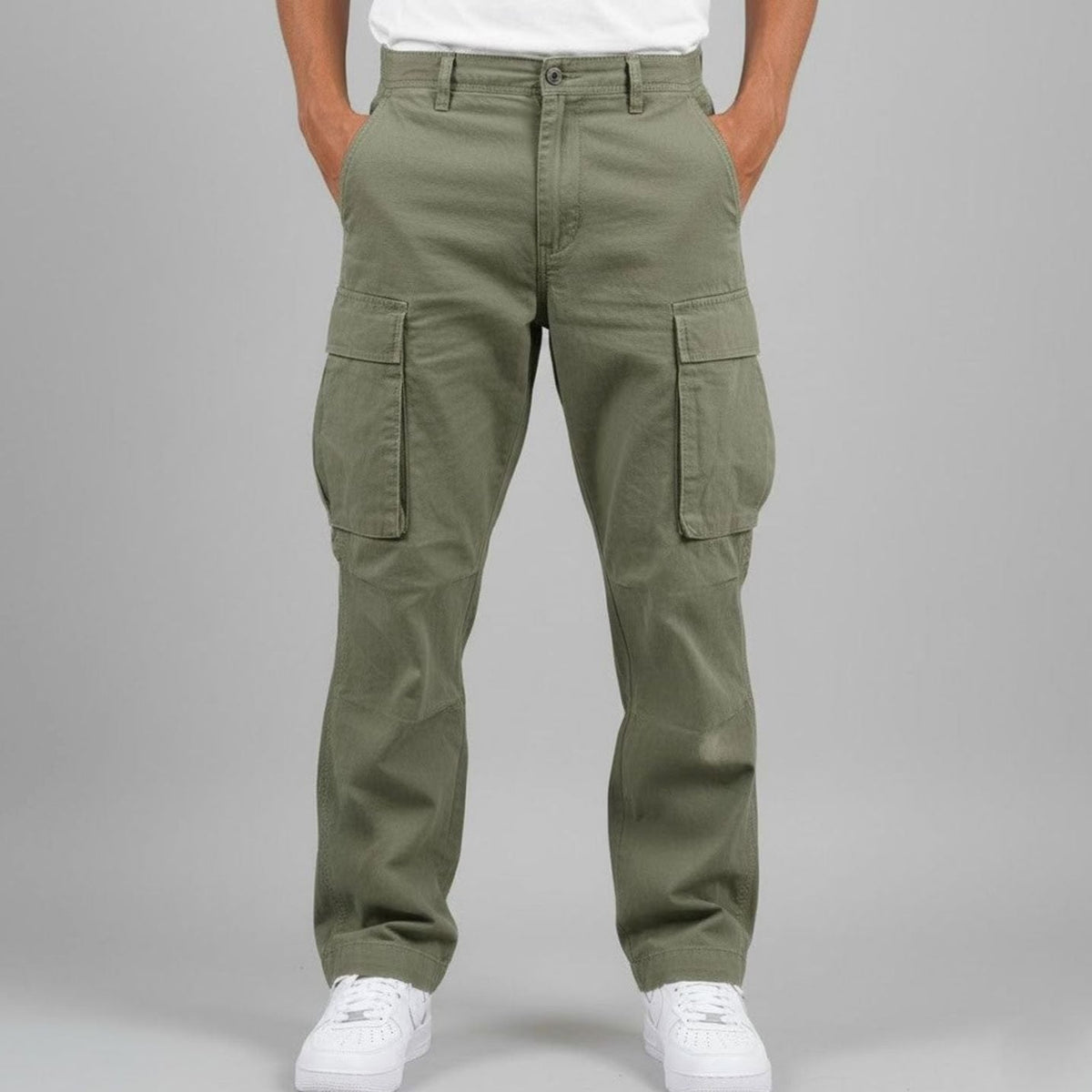 Men's Relaxed Urban Cargo Trousers with Flap-Covered Pockets - Dark Green