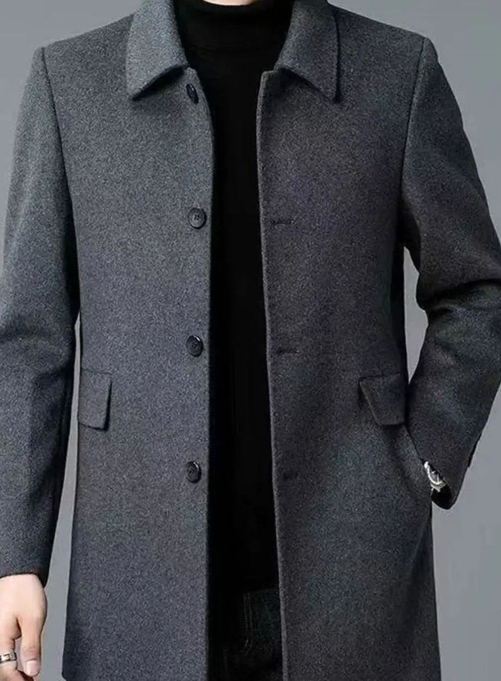 Men's Sharp Structured Wool Overcoat with Side Flap Pockets - Dark Grey