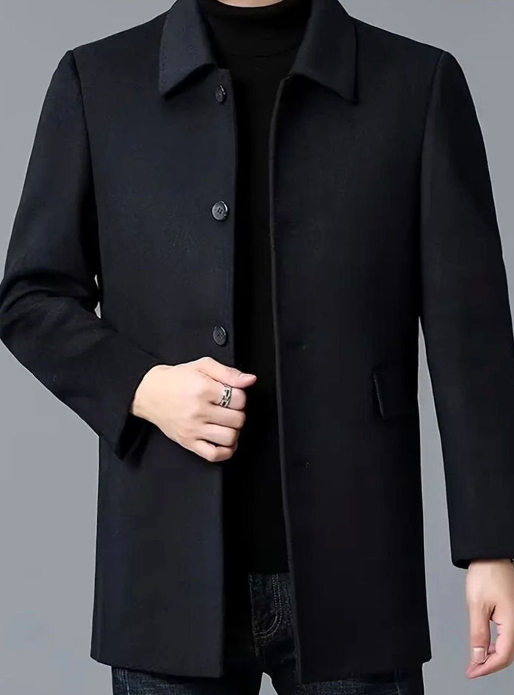Men's Sharp Structured Wool Overcoat with Side Flap Pockets - Black