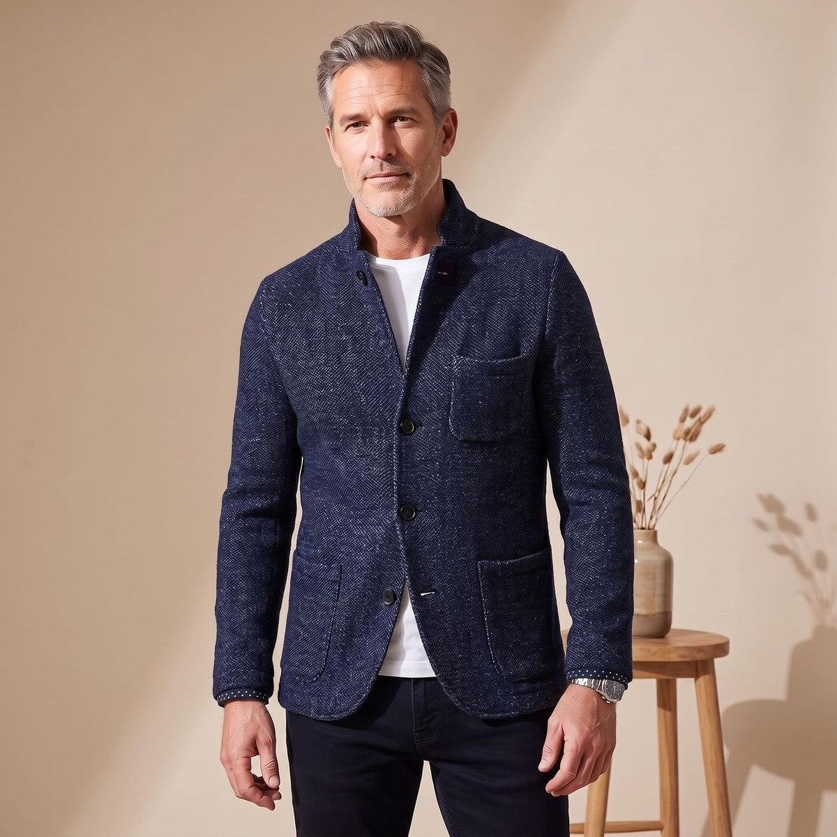 Men's Slim Anti-Pilling Knitted Blazer for Office and Weekend - Navy Blue