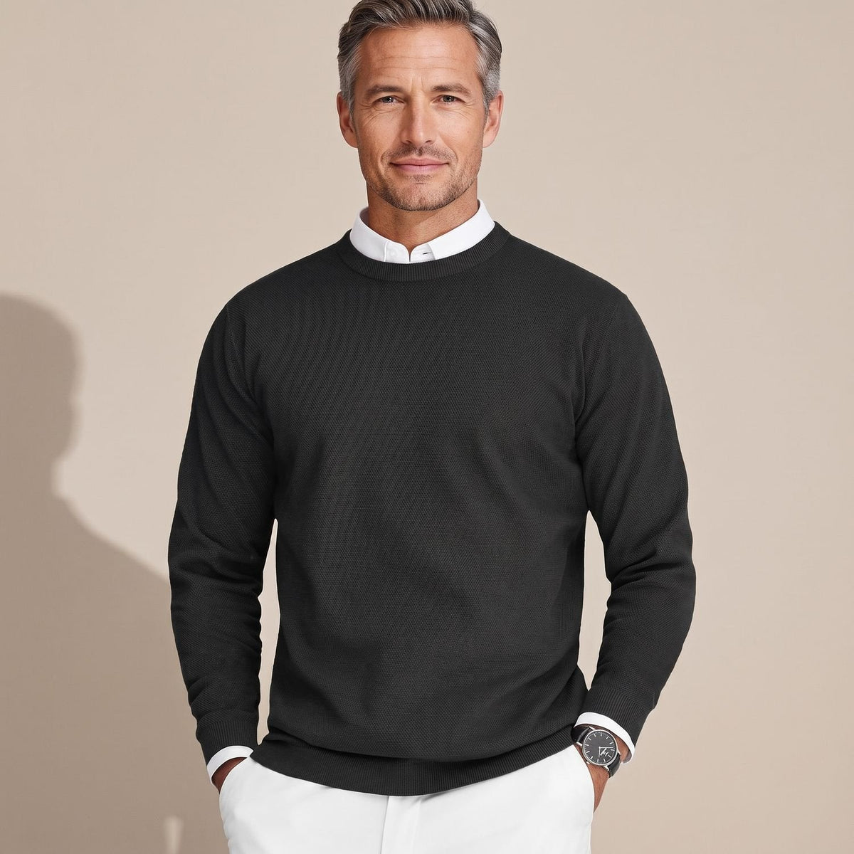Men's Anti-Pilling Slim Crew Jumper for Office Layering - Black