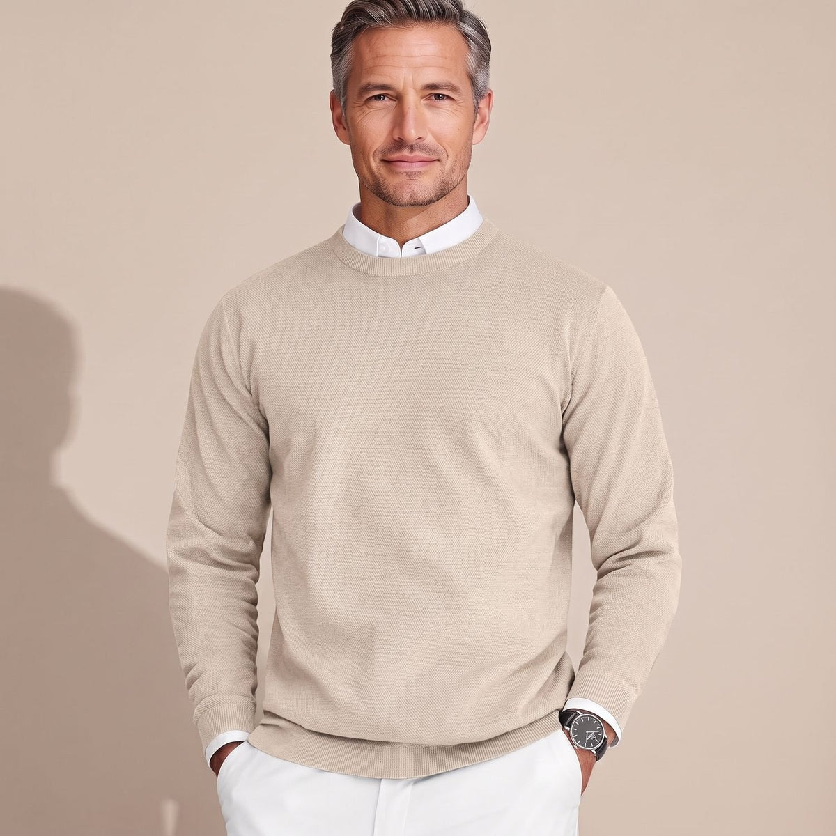 Men's Anti-Pilling Slim Crew Jumper for Office Layering - Beige