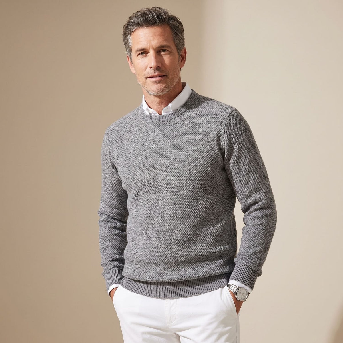 Men's Anti-Pilling Slim Crew Jumper for Office Layering - Grey