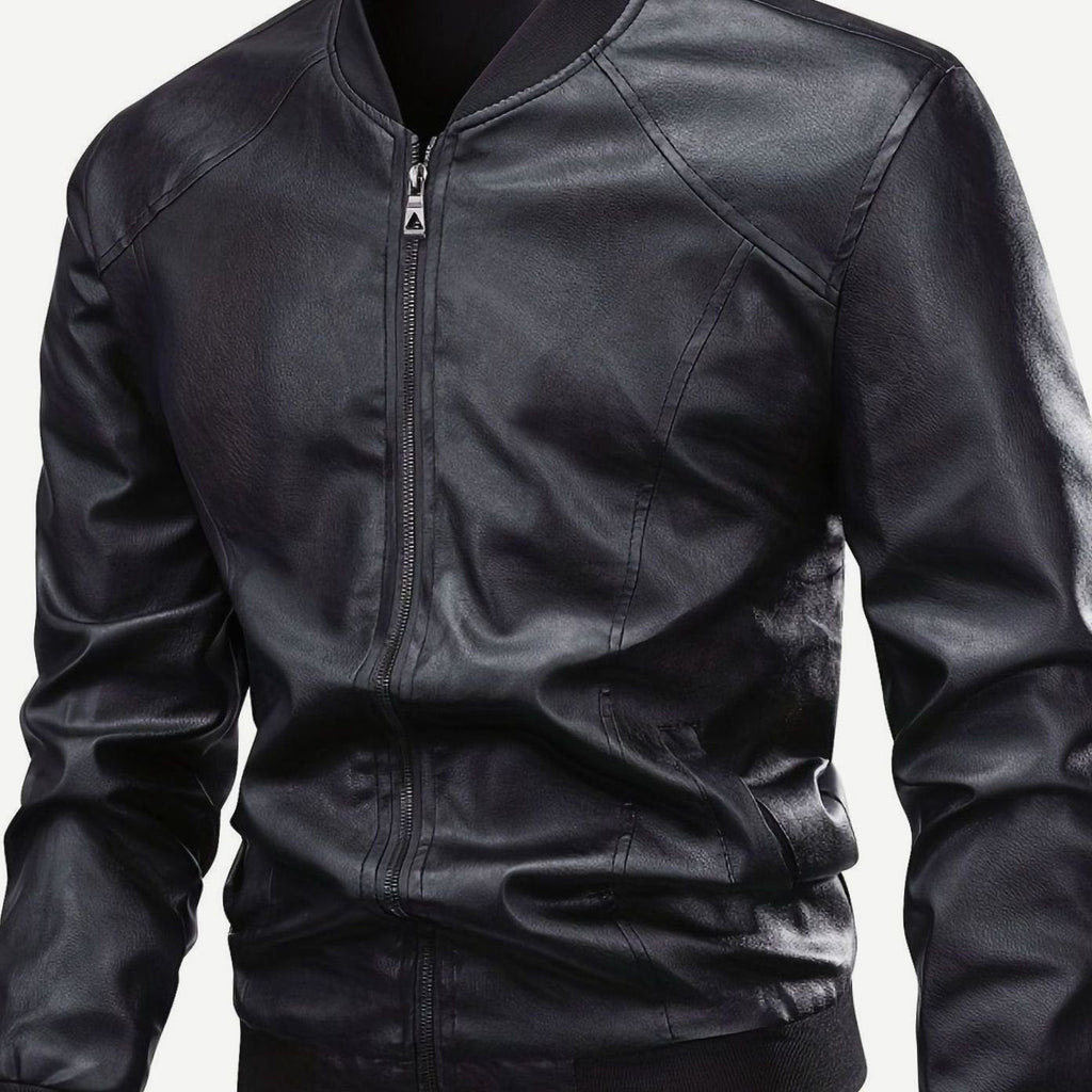 Men's Wipe-Clean Faux Leather Slim Bomber with Ribbed Trims